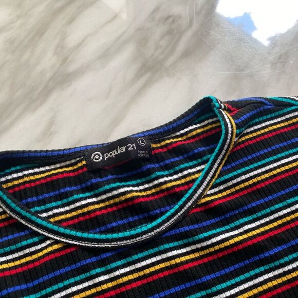 Rainbow Stripe Ribbed Tee – Multicolor Fitted Top (Juniors L) - Picture 3 of 7